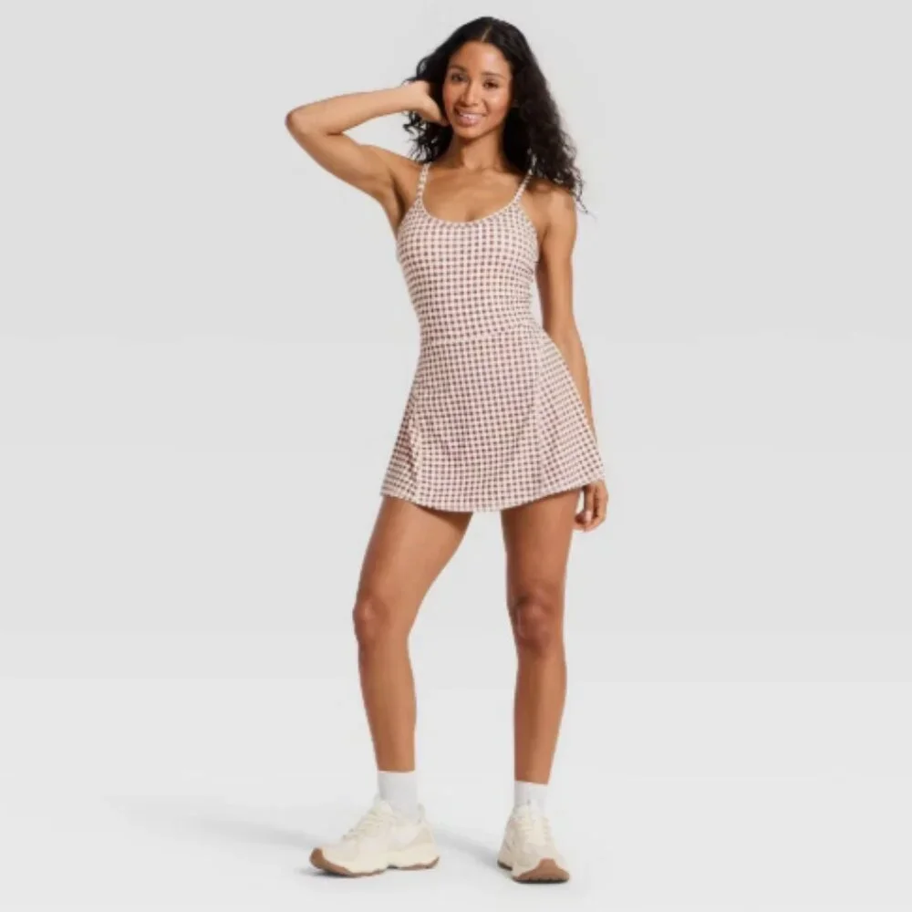 JoyLab - Women's Cinch Back Active Dress - Brown Gingham Medium - Picture 2 of 4